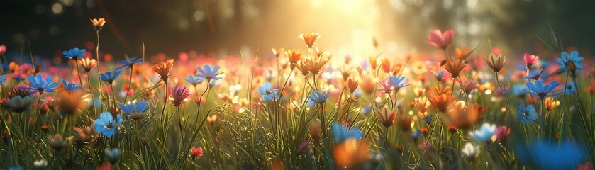 Photorealistic image of a meadow with wildflowers, illuminated by springs natural light ,3DCG,clean sharp focus