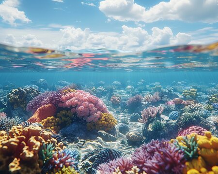 Photorealistic image of a coral reef under clear water, vibrant colors, natural lighting ,high resulution,clean sharp focus