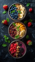 Assorted fresh fruit bowls with granola and berries on a dark textured background, perfect for a...