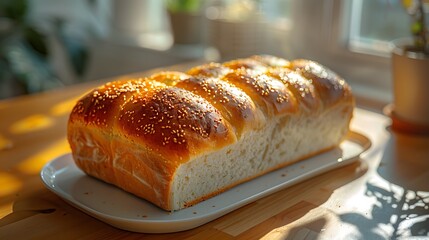 Golden-baked bread on a plate with sunlight casting a warm glow on the table surface, perfect for a cozy breakfast scene. 