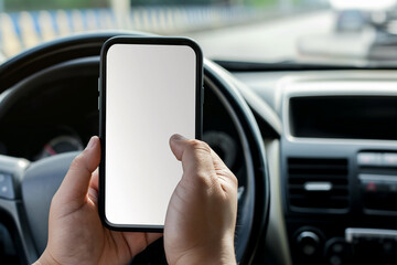 smartphone in hand close-up, inside the car at the wheel. mockup, template