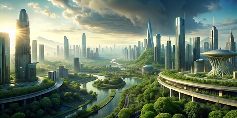 Panoramic view of the modern city with skyscrapers and roads. AI generated - obrazy, fototapety, plakaty