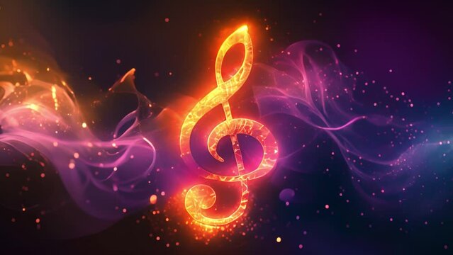Music key neon colors on black background. Music notes abstract. blue,orange various colors neon Music notes rainbow smoke wave background. Music notes 4k video effect sparkling