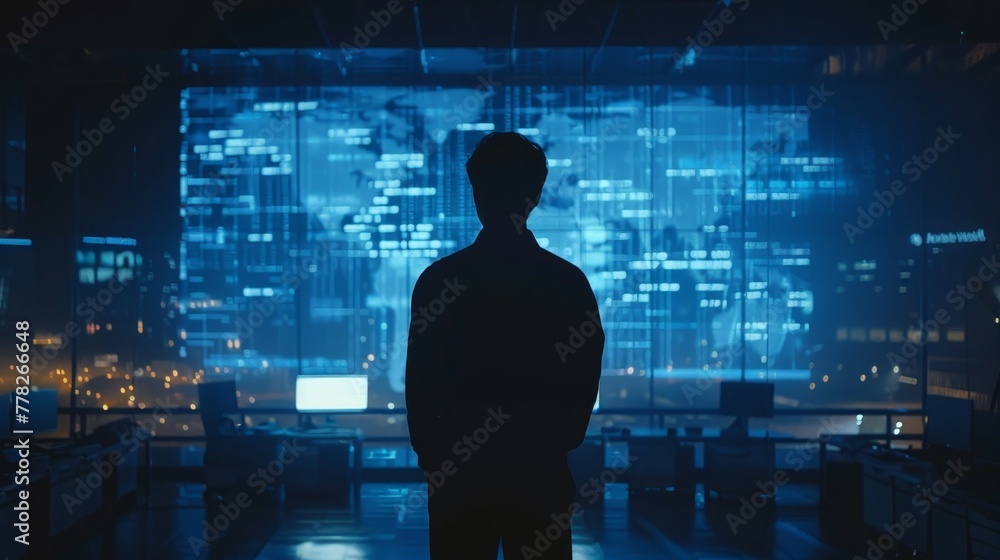 Poster a man stands in front of a computer monitor with a map of the world on it. the room is dimly lit, an
