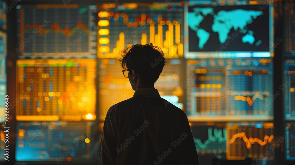 Poster a man is looking at a computer screen with many different graphs and numbers. the man is wearing gla