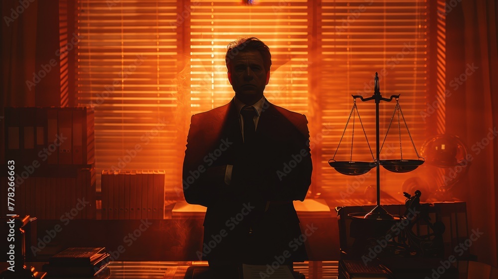 Poster a man in a suit stands in front of a desk with a scale on it. the room is dimly lit, and the man is 