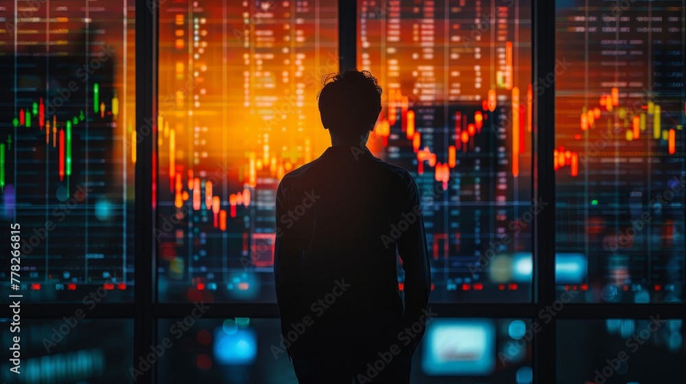 Fototapete a man is looking out a window at a screen with a lot of numbers and graphs. the man is focused on th