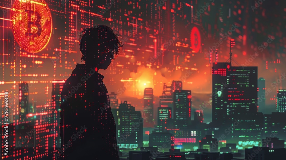 Aufkleber a man stands in front of a cityscape with a large b on the left side of the image