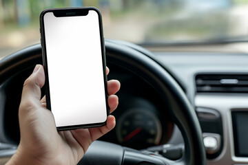 smartphone in hand close-up, inside the car at the wheel. mockup, template