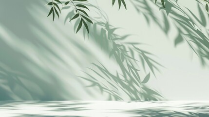 tree shadows on white ground and light green background, minimalistic wallpaper for product presentation in an empty mockup