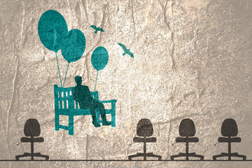Office chairs row and blown away by balloons park bench with businessman. Standing out from the crowd. Burnout psychology concept
