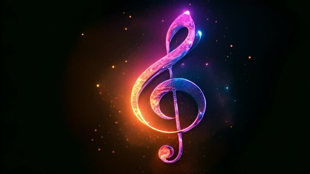 Music key neon colors on black background. Music notes abstract. blue,orange various colors neon Music notes rainbow smoke wave background. Music notes 4k video effect sparkling