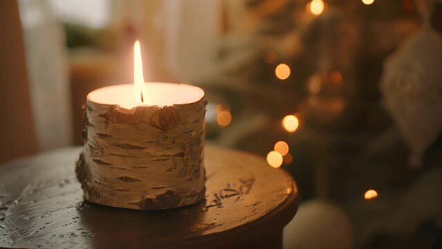 candle in a birch tree bark candle holder on the table in a cosy living room with Christmas tree lights in the background. 