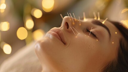 Close-up of a calm womans face receiving facial acupuncture - obrazy, fototapety, plakaty