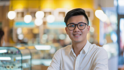 Young Asian man in optical store trying on new glasses