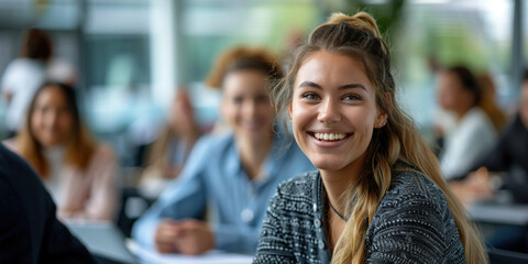 Group of students learning together in classroom with a smiling young woman sitting at desk