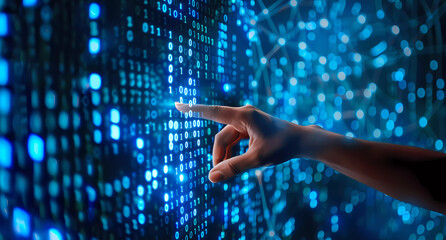 Fototapeta premium Hand point into dot light with abstract light background.Big data technology.Data scientist .artificial intelligence, machine learning.