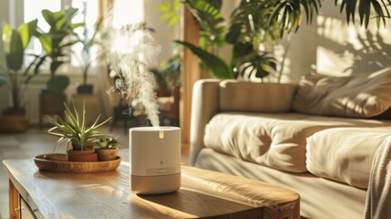Modern air humidifier sits elegantly on a wooden side table, releasing a gentle mist
