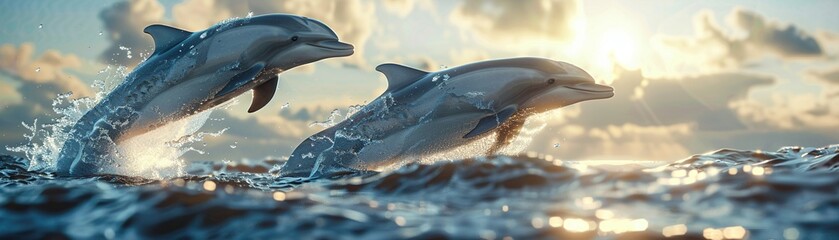 Random dolphins leaping, photorealistic image, vibrant ocean backdrop, natural lighting ,3DCG,high resulution,clean sharp focus