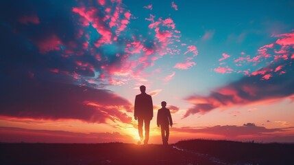 Two silhouettes of people walking on a hillside at sunset. The sky is filled with clouds and the sun is setting, creating a warm and peaceful atmosphere