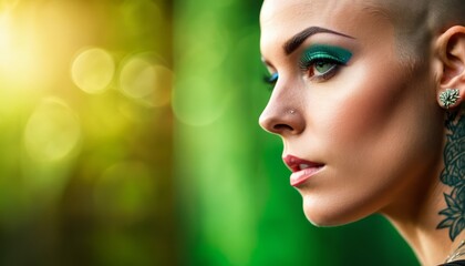   A tight shot of a woman's face with accentuated green eye shadow Her neck displays an intricate tattoo above the collarbone - obrazy, fototapety, plakaty