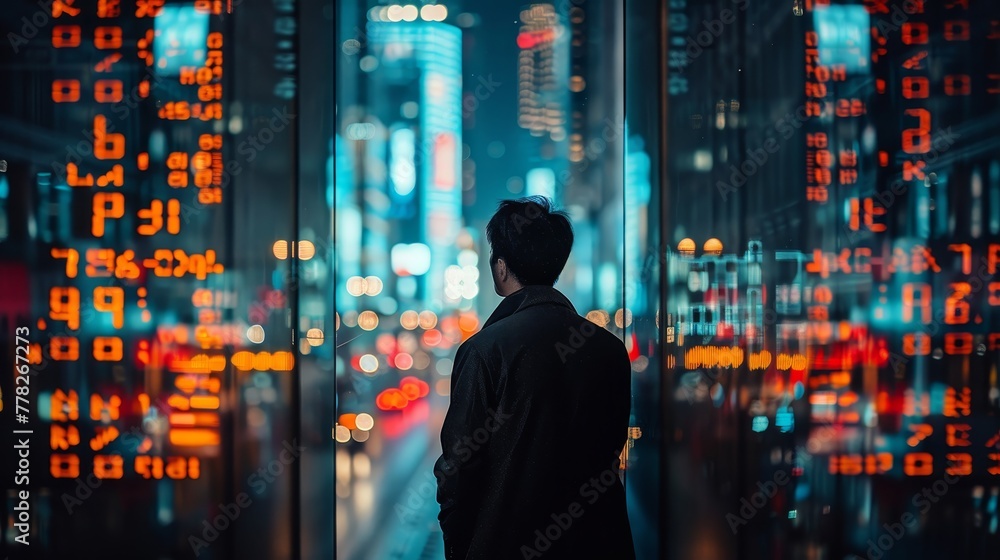 Poster a man stands in front of a building with a large number of numbers on the wall. the numbers are in d