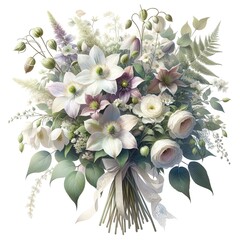 Watercolor Painting of a Bridal Bouquet, Clematis, Hellebores, Lysimachia, Ferns Flowers - obrazy, fototapety, plakaty