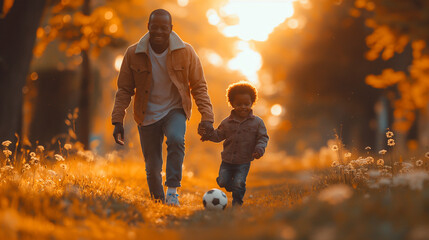 Family Fun: In the comfort of their own backyard, a fashionable father and his son engage in a friendly game of soccer. Their sporty yet stylish outfits reflect their active lifest - obrazy, fototapety, plakaty