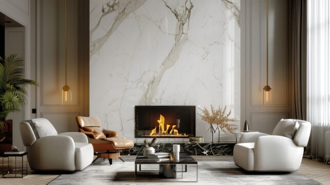 Bright conceptual picture of a bright and cozy fireplace against a polished marble background