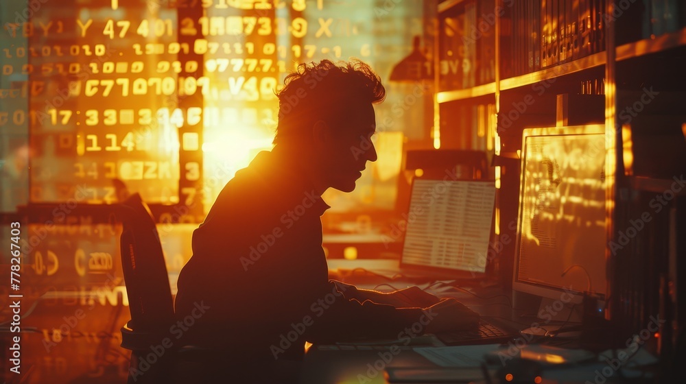 Poster a man is sitting at a desk with a computer monitor in front of him. the room is dimly lit, and the m