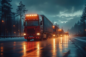 A convoy of delivery trucks leaving a distribution center in the early morning, their headlights piercing the darkness - obrazy, fototapety, plakaty