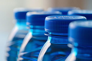 Four blue plastic water bottles lined up - obrazy, fototapety, plakaty