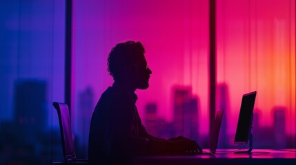 A man is sitting at a desk with a laptop and a monitor. The room is dimly lit and the man is wearing glasses. The city skyline can be seen in the background. Scene is calm and focused