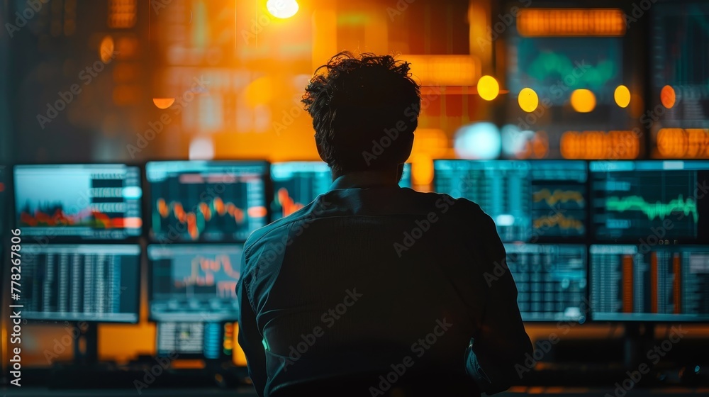 Poster a man is sitting in front of a computer monitor with several screens displaying financial data. the 