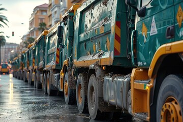 A convoy of garbage trucks lined up at a waste disposal facility, their compactors ready to empty bins