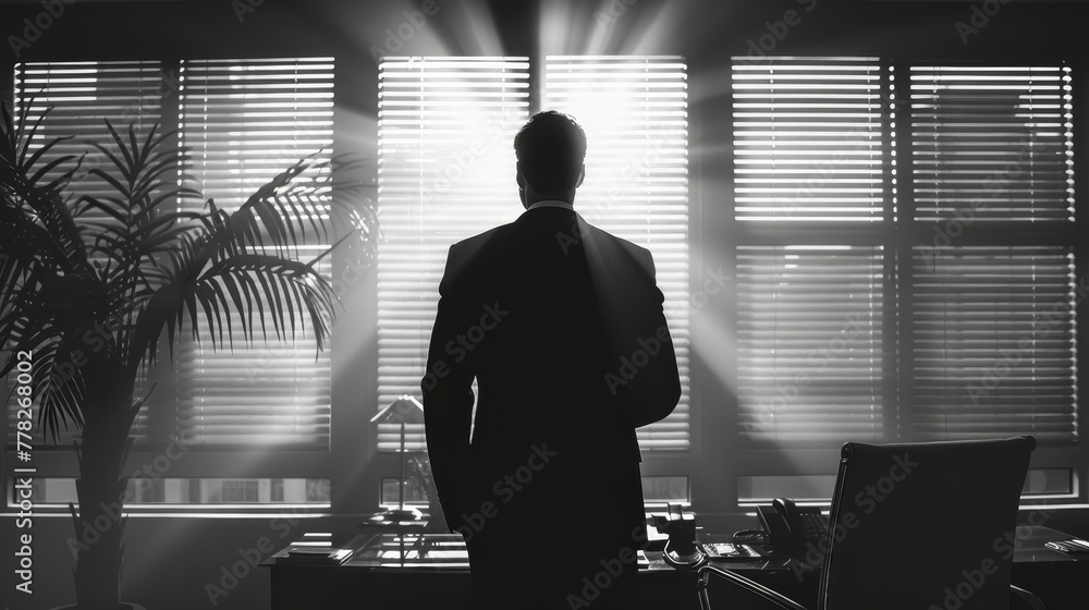Poster a man in a suit is standing in front of a window with sunlight shining on him. concept of profession