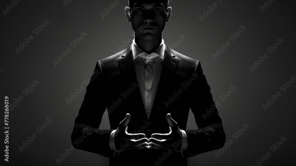 Poster a man in a suit is standing in front of a dark background. he is holding his hands up in front of hi