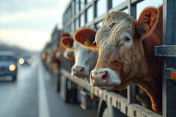 A convoy of livestock hauler trucks carrying cattle, their heads peeking out from the slatted sides of the trailers - obrazy, fototapety, plakaty