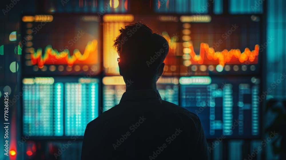 Poster a man is looking at a computer screen with many lines and numbers. the man is wearing glasses and is
