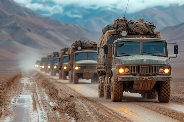 A convoy of military transport trucks carrying troops and equipment through a remote desert landscape - obrazy, fototapety, plakaty