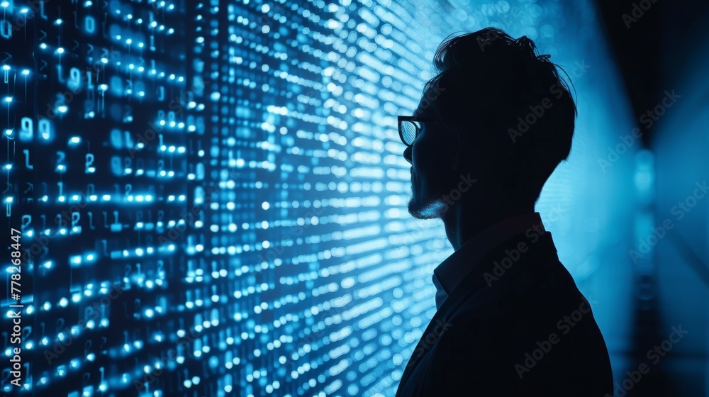 Poster a man is looking at a computer screen with a lot of numbers on it. he is wearing glasses and is look