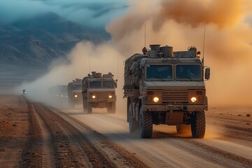 A convoy of military transport trucks rolling across a vast desert expanse, creating a cloud of dust as they carry troops and equipment - obrazy, fototapety, plakaty