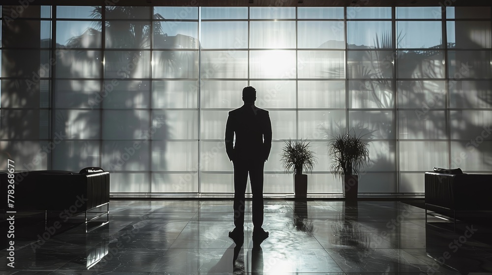 Poster a man stands in a large room with a window behind him. the room is empty and the man is the only per