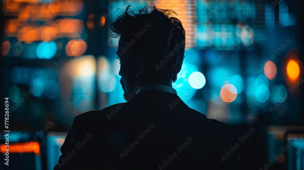 Poster a man in a suit is standing in front of a building with a blurry background. the image has a moody a