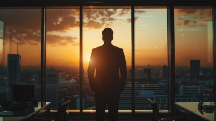 A man in a suit stands in front of a window looking out at the city. The sun is setting, casting a warm glow over the buildings. The man is lost in thought