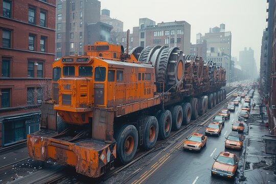 A convoy of oversized load trucks carefully transporting a colossal piece of industrial machinery through an urban area