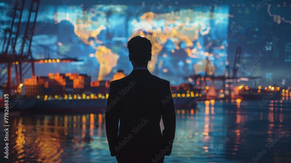 Aufkleber a man stands in front of a large screen that shows a map of the world. the man is dressed in a suit 