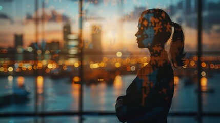 A woman is standing in front of a window looking out at the city. The city lights are reflected in the window, creating a beautiful and serene atmosphere. The woman is lost in thought - obrazy, fototapety, plakaty