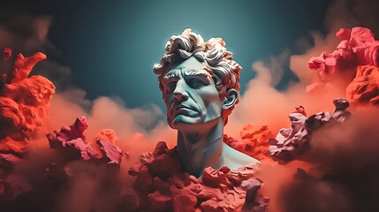 Statue Sculpture Head of a Modern Renaissance Man carved out of stone, Digital Concept Render - obrazy, fototapety, plakaty