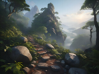 The path in the forest is full of rocks on the high mountains. The rainforest is humid and covered with mist. In the morning sunrise - obrazy, fototapety, plakaty